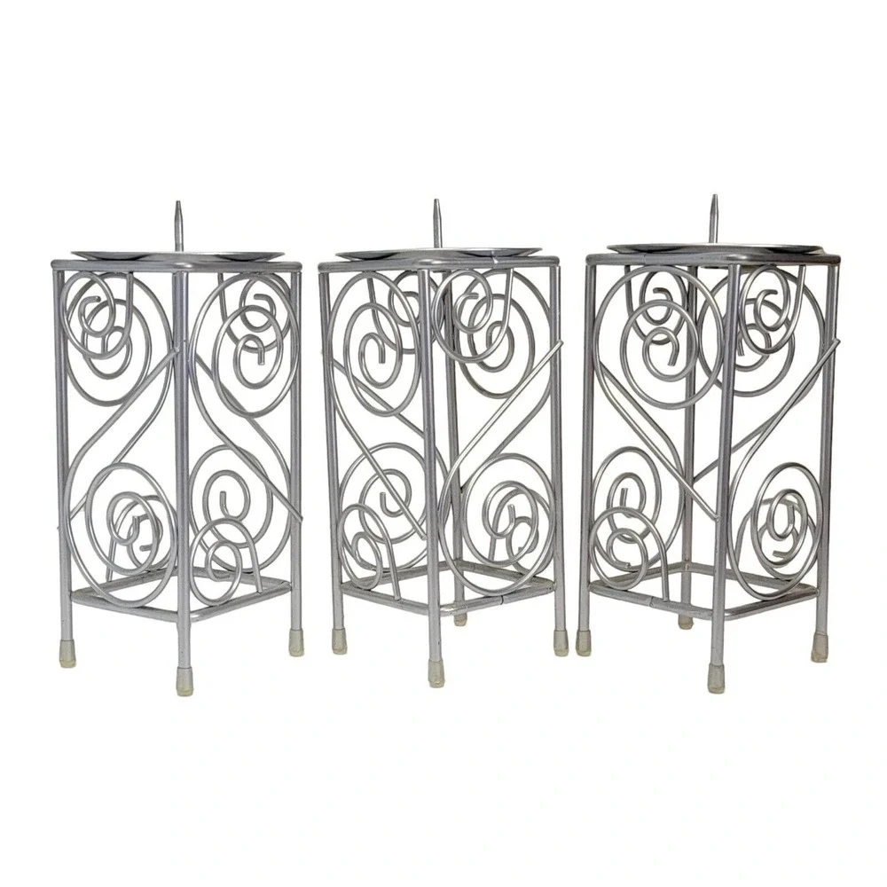 Wire Scroll Pillar Candle Holder Set of 3 Silver Tone 7.25